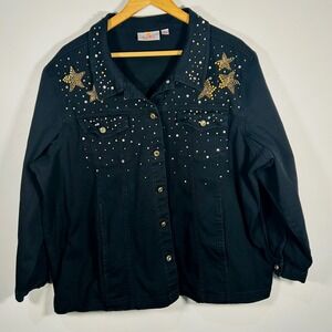 Quaker Factory Womens 3X Black‎ Denim Jacket Embellished Stars Rhinestones